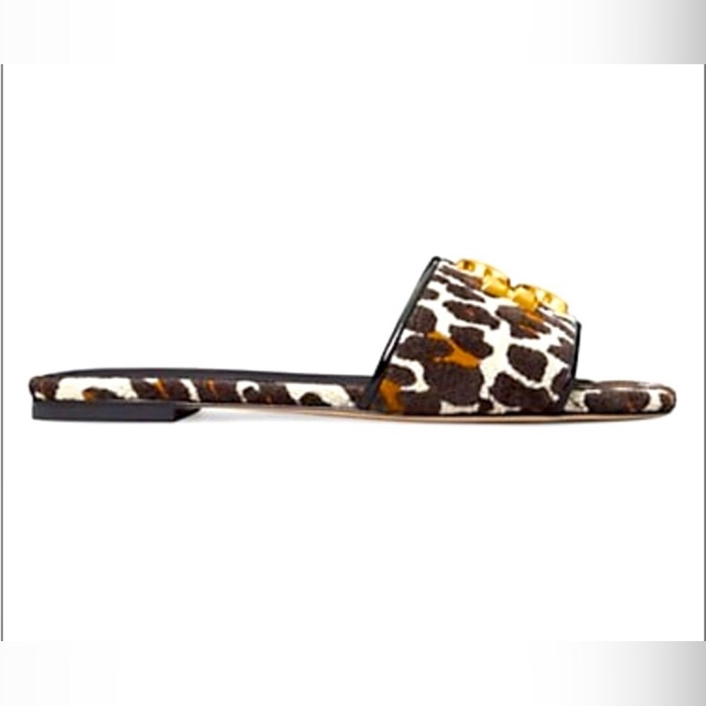 TORY BURCH ELEANOR Leather Leopard Print Gold Medallion Slide Sandals Size 8 - Picture 3 of 16